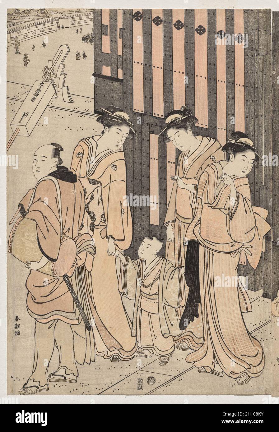 Un millier d'automnes, dix mille ans sur le pont Tokiwa, début 1790.Katsukawa Shunchō (japonais).Imprimé color block; feuille: 36.9 x 25.2 cm (14 1/2 x 9 15/16 po.). Banque D'Images