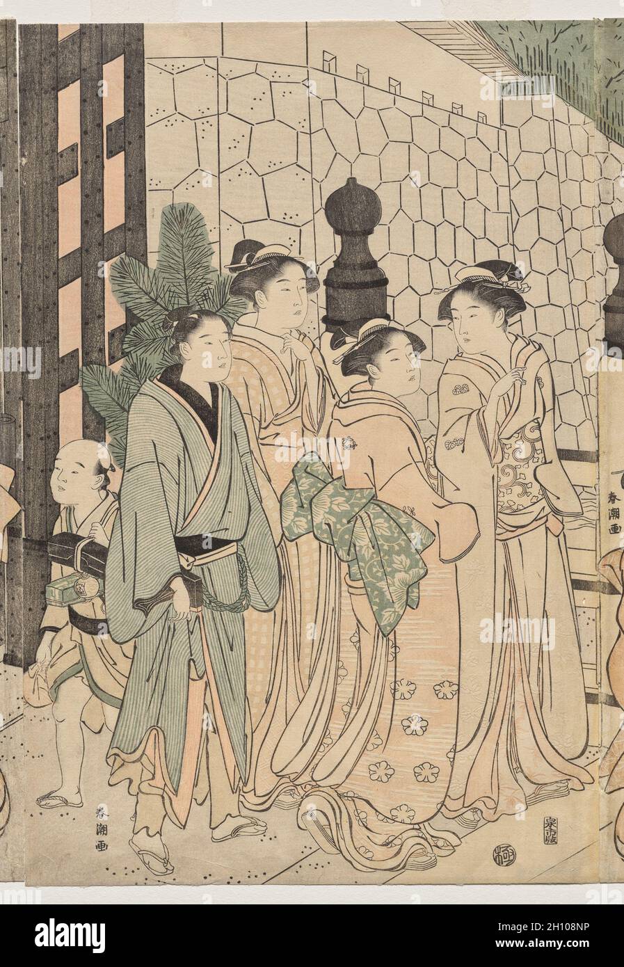 Un millier d'automnes, dix mille ans sur le pont Tokiwa, début 1790.Katsukawa Shunchō (japonais).Imprimé color block; feuille: 36.8 x 24.5 cm (14 1/2 x 9 5/8 po.). Banque D'Images