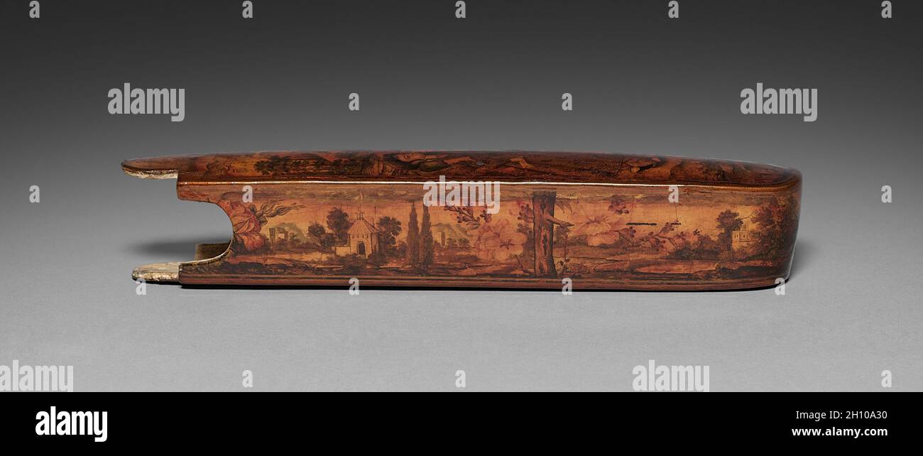 Boîte à stylos et à encre (couvercle), 1697-98.Iran, période safavide (1501-1722).Laque sur papier mâché ; hors tout : 3.6 x 22.3 x 4.2 cm (1 7/16 x 8 3/4 x 1 5/8 po). Banque D'Images