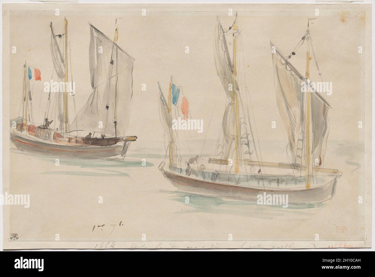 Deux bateaux au port de Dieppe, 1854.Eugène Delacroix (français, 1798-1863).Crayon et aquarelle sur papier blanc cassé collé sur carton blanc cassé; image: 22.5 x 34.6 cm (8 7/8 x 13 5/8 po.); feuille: 22.5 x 34.6 cm (8 7/8 x 13 5/8 po.); monté: 24 x 36 cm (9 7/16 x 14 3/16 po.).Dans ce dernier dessin, Eugène Delacroix a utilisé des couches d'aquarelle pour enregistrer deux grands bateaux flottant dans un port, en contraste avec les tons lumineux des drapeaux français volant sur les deux avec les teintes subdulées de l'eau qui les entoure.L'artiste a enregistré la scène au cours d'un de cinq séjours à Dieppe, une côte Banque D'Images