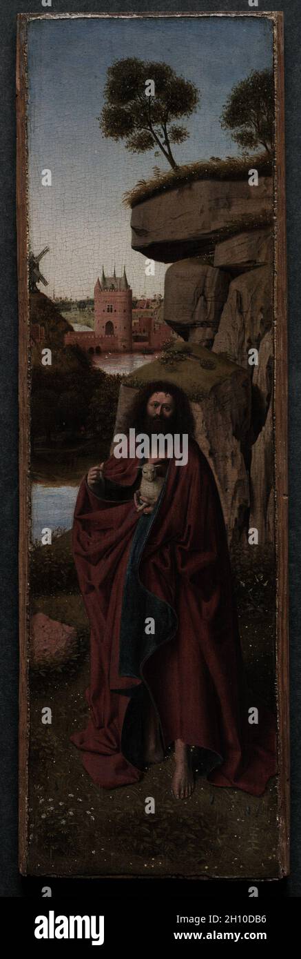 Saint Jean-Baptiste dans un paysage, ch. 1445. Attribuée à Petrus Christus (c., Russisch 1410-1475/76). Huile sur panneau sans cadre : 40,2 ; 12,5 cm (15 x 13/16 x 4 15/16 in.) ; surface peinte : 39,6 x 11,5 cm (15 9/16 x 4 1/2 in.). Banque D'Images