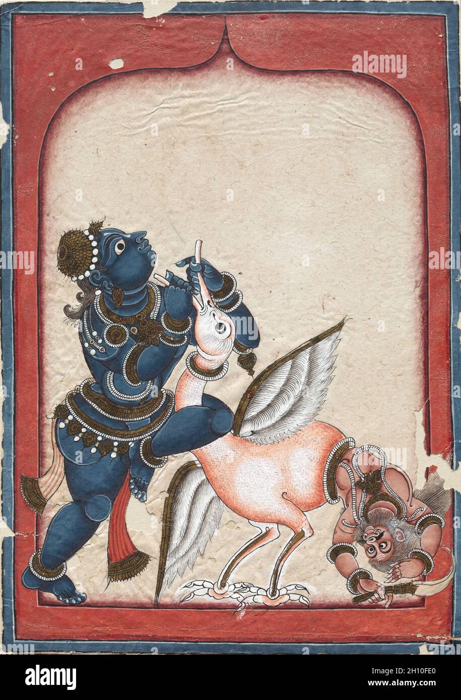 Krishna a vaincu la Bakasura Crane-Daemon, fin 1700.Sud de l'Inde, Andhra Pradesh.Gomme tempera et or sur papier; total: 27.8 x 19.7 cm (10 15/16 x 7 3/4 po.). Banque D'Images