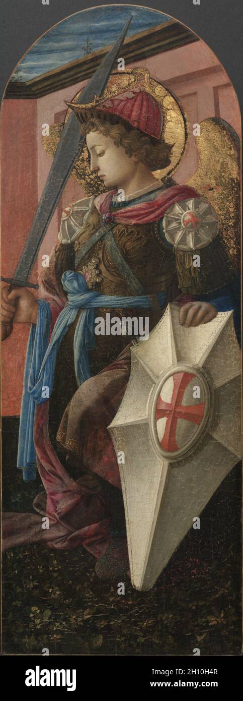 Bord d'un triptyque : l'Archange Michel, 1458. Filippo Lippi (Italien), ch. 1406-1469). Tempera sur panneau de bois ; pans : 94 x 40 x 6,5 cm (37 x 15 3/4 x 2 9/16 in.) ; non encadrée : 81,3 x 29,8 cm (32 x 11 3/4 in.). Banque D'Images