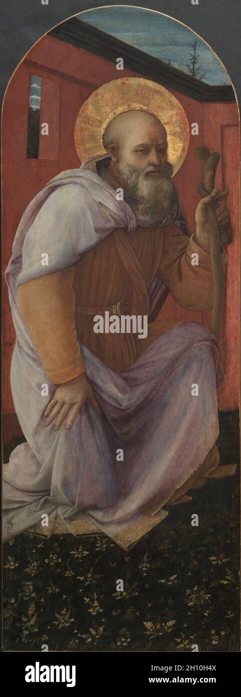 Bord d'un triptyque : Saint Antoine Abbé, 1458. Filippo Lippi (Italien), ch. 1406-1469). Tempera sur panneau de bois ; pans : 94 x 40 x 6,5 cm (37 x 15 3/4 x 2 9/16 in.) ; non encadrée : 81,3 x 29,8 cm (32 x 11 3/4 in.). Banque D'Images