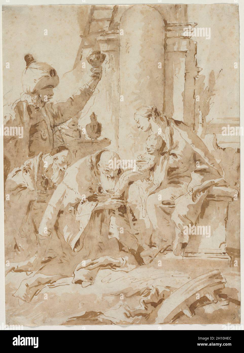 L'Adoration des Mages, ch. 1740. Giovanni Battista Tiepolo (italien, 1696-1770). Plume et encre brune et lavis, pinceau et plus de craie noire ; feuille : 38,7 x 28,5 cm (15 1/4 x 11 1/4 in.). Banque D'Images