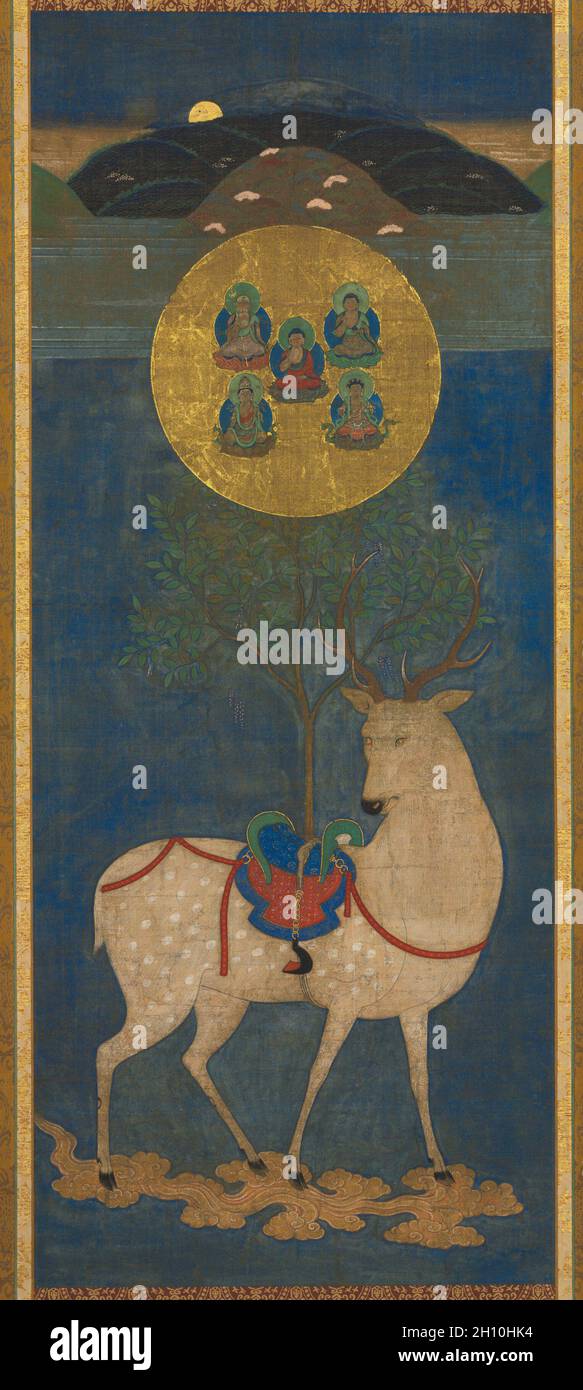 Kasuga Deer Mandala, mi-1300 à 1400.Japon, période Nanbokuchō (1336-92) à période Muromachi (1392-1573).Rouleau suspendu; encre, couleur et or sur soie; image: 95.6 x 39.1 cm (37 5/8 x 15 3/8 po.); monté: 184.2 x 63.8 cm (72 1/2 x 25 1/8 po.). Banque D'Images