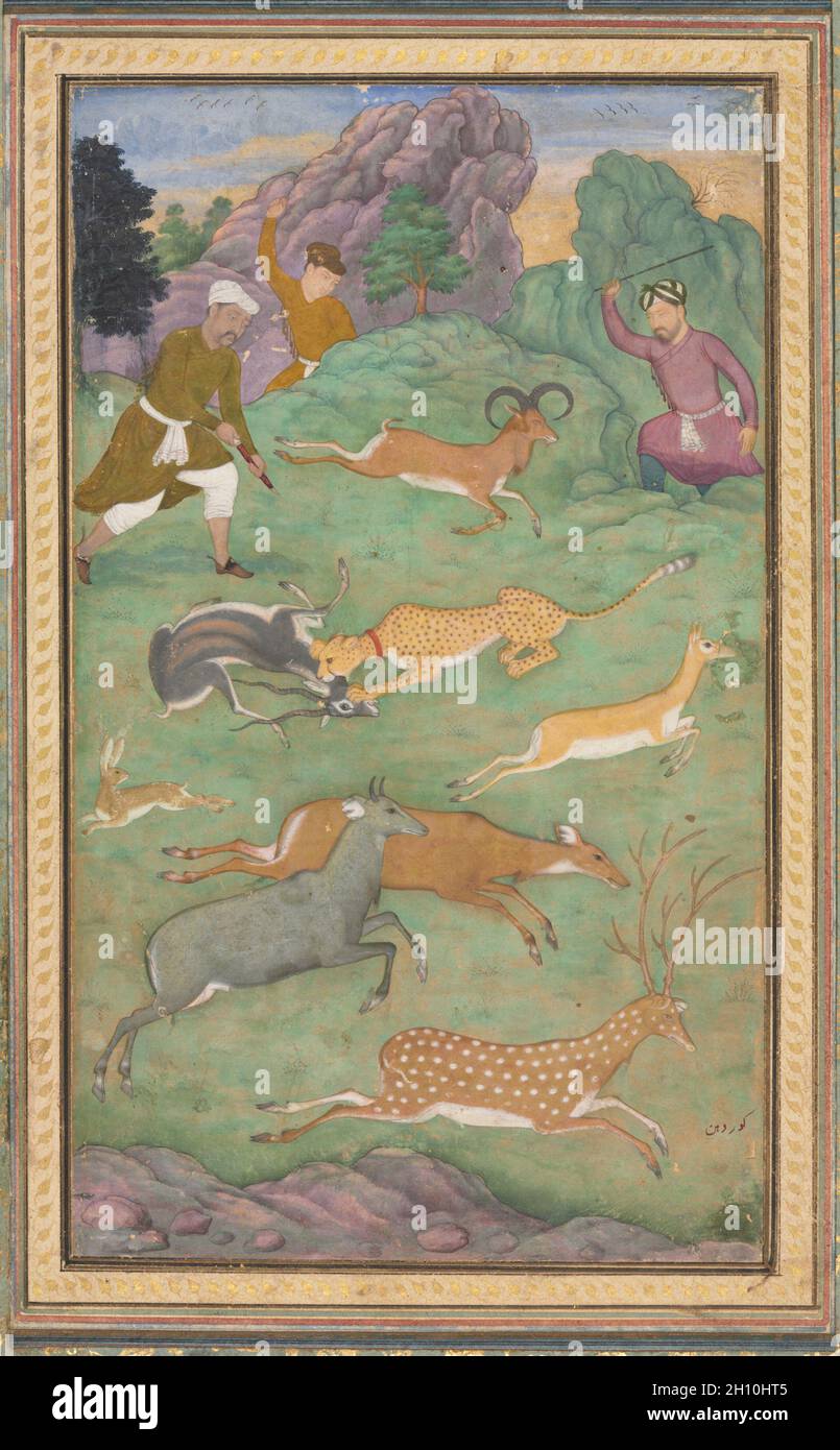 La chasse à l'antilope et au cerf, c.1602-1604.Govardhan (Indien, actif vers 1596-1645).Aquarelle opaque et or sur papier; image : 20 x 11.8 cm (7 7/8 x 4 5/8 po.); hors tout : 37 x 25.3 cm (14 9/16 x 9 15/16 po.). Banque D'Images