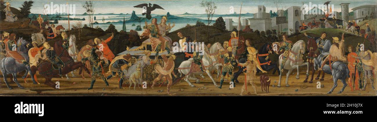 Tarquinius Priscus entrer dans Rome, c. 1470. Jacopo del Sellaio (Italien), ch. 1441-1493). Tempera sur bois, monté sur toile encadrée ; 81,9 x 202,2 x : 11,4 cm (32 1/4 x 79 5/8 x 4 1/2 in.) ; non : 41 x 165,4 cm (16 1/8 x 65 1/8 in.). Banque D'Images