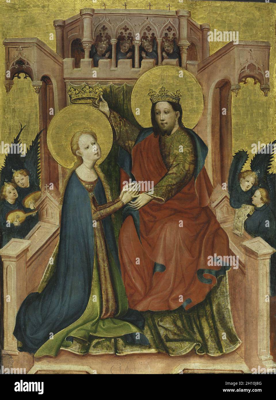 Couronnement de la Vierge, ch. 1410. Maître de la Goleta retable (allemand). Tempera et or sur bois ; pans : 77 x 59,5 x 8 cm (30 7/16 x 23 5/16 x 3 1/8 in.) ; non encadrée : 64,8 x 47,5 cm (25 1/2 x 18 11/16 po.). Banque D'Images