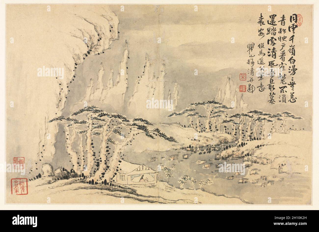 Des paysages dans divers styles après l'Art Ancien, 1690. Mei Qing (Chinois, 1623-1697). Feuille d'album : l'encre et couleur sur papier ; total : 28,6 x 44 cm (11 1/4 x 17 5/16 in.). Banque D'Images