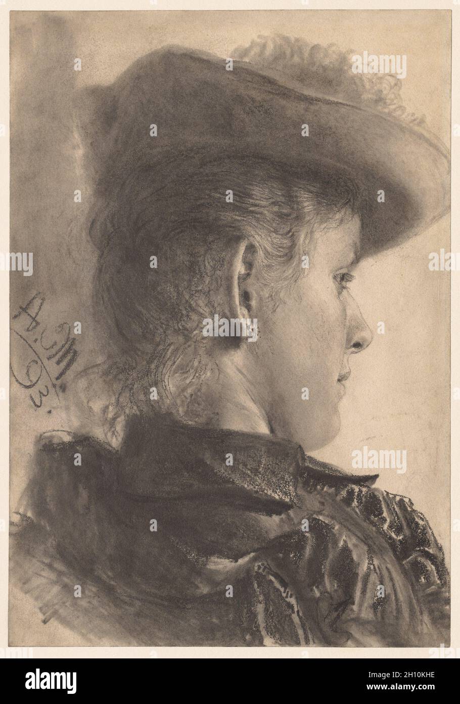 Buste d'une femme vu de dos, 1893. Adolph von Menzel (allemand, 1815-1905). Graphite (crayon de charpentier), avec fiche de dessouchage ; : 41,4 x 28,9 cm (16 3/8 x 11 5/16 in.) ; appui secondaire : 53,3 x 39,2 cm (21 x 15 7/16 po.). Banque D'Images