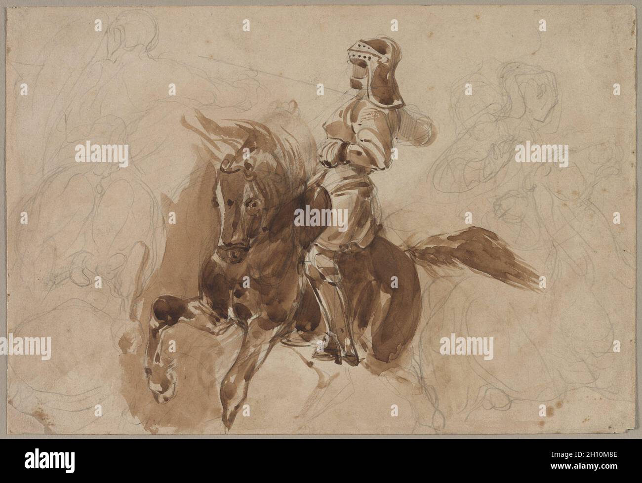 Armored figure à cheval (recto), ch. 1828. Eugène Delacroix (Français, 1798-1863). Le graphite et le pinceau et lavis ; feuille : 27 x 39,7 cm (10 5/8 x 15 5/8 in.). Banque D'Images