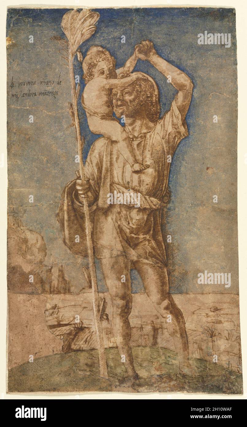 Saint Christopher, c.1500. Andrea Mantegna (italien, 1431-1506). Plume et encre brune et bleu gouache avec brosse de lavage verte et orange et des traces de gouache, rehaussée de gouache blanche ; feuille : 28,6 x 17,4 cm (11 1/4 x 6 7/8 in.) ; appui secondaire : 28,7 x 17,6 cm (6 5/16 x 11 15/16 in.). Banque D'Images
