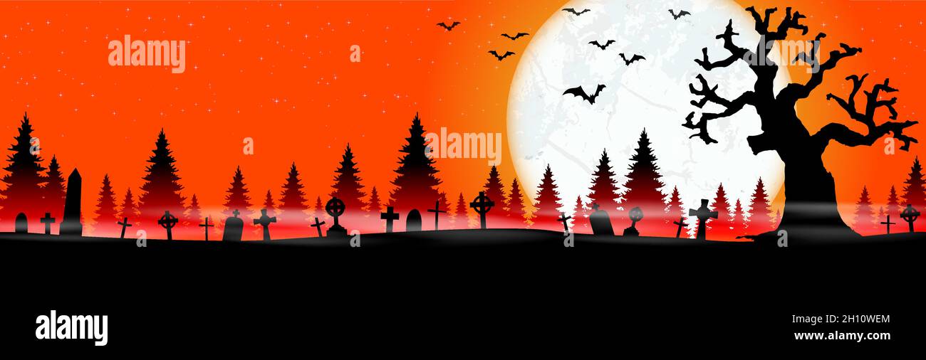 eps cimetière vectoriel en face des terres boisées avec pleine lune Avec des éléments illustrés effrayants pour les mises en page d'arrière-plan d'Halloween Illustration de Vecteur