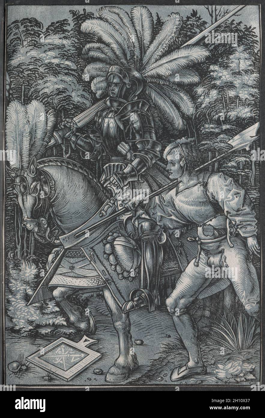 The Knight et Lansquenet, c.1512. Hans Wechtlin (allemand, 1480/85-AFT 1526).Coupe de bois de chiaroscuro (en bleu et noir); feuille: 27 x 18 cm (10 5/8 x 7 1/16 po). Banque D'Images
