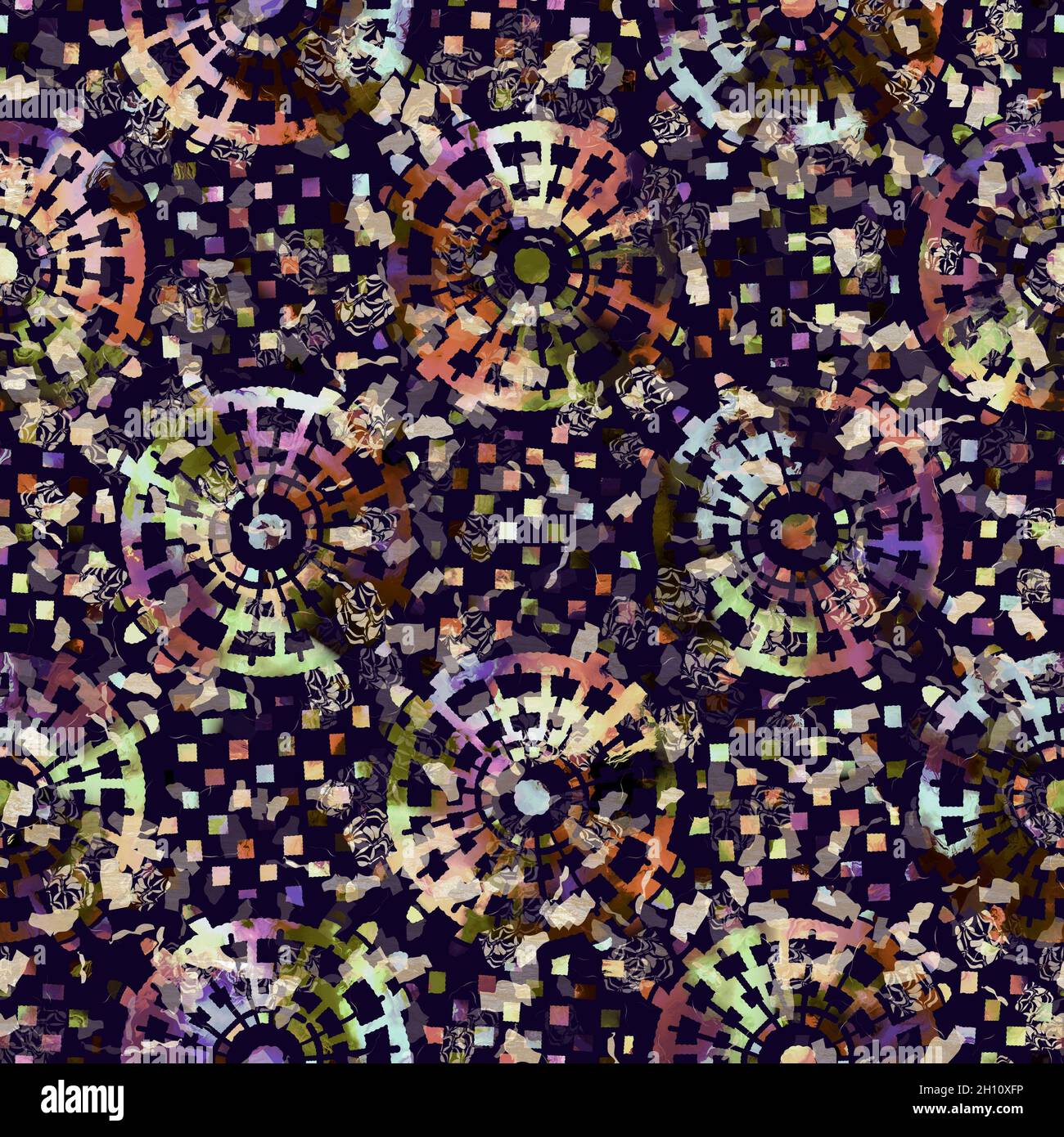 Imprimé camouflage géométrique exotique multicolore de boho.Motif de répétition détaillé pour le sol sombre automnal sans couture. Banque D'Images