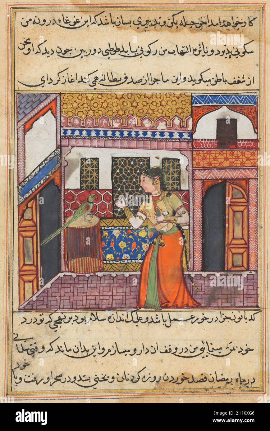 Le perroquet s'adresse à Khujasta au début de la quarante-troisième nuit, d'un Tuti-nama (Tales of a Parrot), c.1560. Mughal India, cour d'Akbar (régna de 1556 à 1605).Tempérament de gomme, encre et or sur papier; total: 20.3 x 14 cm (8 x 5 1/2 po.); peinture seulement: 9.2 x 10.3 cm (3 5/8 x 4 1/16 po.). Banque D'Images