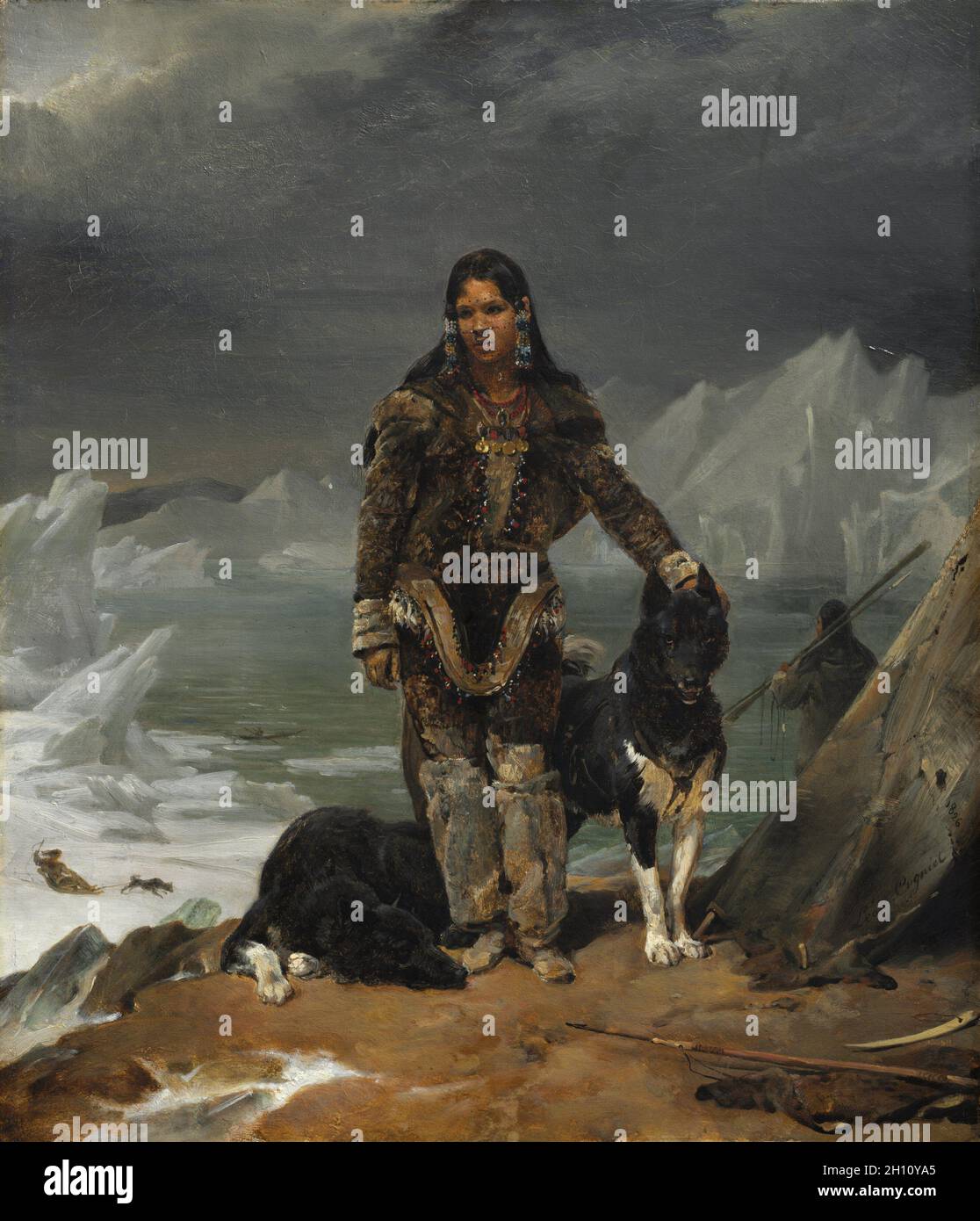 Une femme de la terre d'Eskimos, 1826. Léon Cogniet (Français, 1794-1880). Huile sur toile encadrée ; : 62,9 x 57,2 x 8,9 cm (24 3/4 x 22 1/2 x 3 1/2 in.) ; sans encadrement : 42,5 x 36,5 cm (16 3/4 x 14 3/8 in.). Banque D'Images