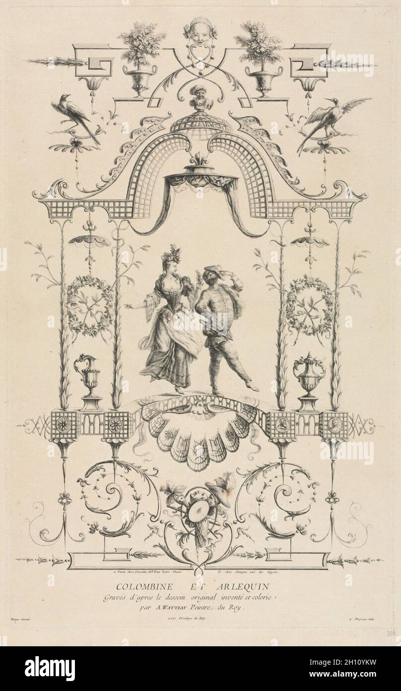 Arlequin et Colombine. Jean Moyreau (Français, 1690-1762), après Jean Antoine Watteau (Français, 1684-1721). Eau-forte : platemark ; 51,6 x 32 cm (20 5/16 x 12 5/8 in.). Banque D'Images