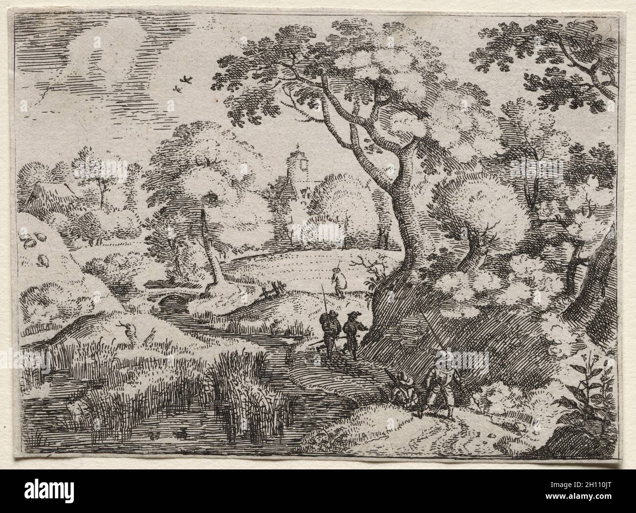 Six paysages : chemin entre le marais et la rive boisée, c.1595. Jacob i Savery (néerlandais, c1565/67-1602/3).Gravure ; Banque D'Images