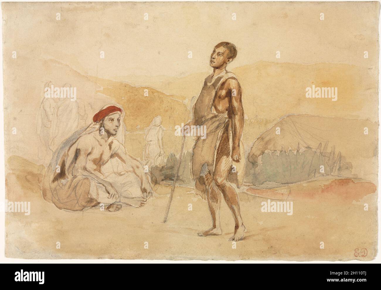 Les marocains dans la campagne, 1832. Eugène Delacroix (Français, 1798-1863). Aquarelle sur mine de plomb ; feuille : 18,7 x 27,2 cm (7 3/8 x 10 11/16 po.). Banque D'Images
