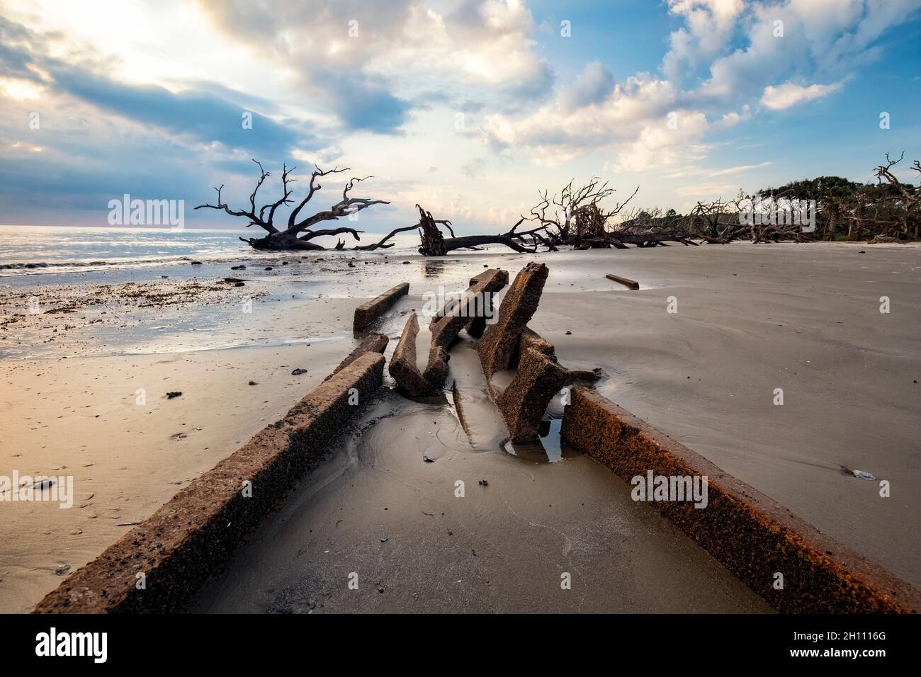 Vestiges structuraux sur la plage de Driftwood au lever du soleil - Jekyll Island, Géorgie, États-Unis Banque D'Images