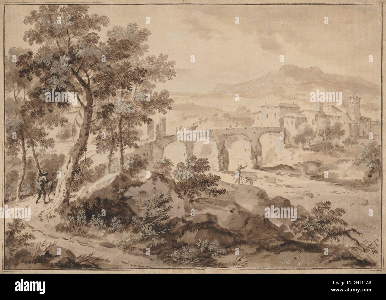 Paysage avec pont, 1700-1729. Marco Ricci (italien, 1676-1729). Pinceau et lavis de gouache verte, avec le blanc de plomb ; ossature lignes dans l'encre brune ; feuille : 40 x 54,5 cm (15 3/4 x 21 7/16 po.) ; image : 36,7 x 51,9 cm (14 7/16 x 20 7/16 po.). Banque D'Images