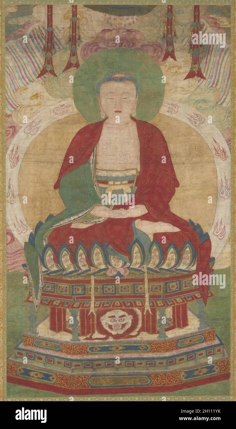 Assis Amitābha, fin des années 1500-début des années 1600. Chinois, dynastie Ming (1368-1644). Hanging scroll, encre et couleur sur soie ; total : 234,9 x 105,7 cm (92 1/2 x 41 5/8 in.) ; peinture uniquement : 128,5 x 73 cm (50 9/16 x 28 3/4 in.). Banque D'Images