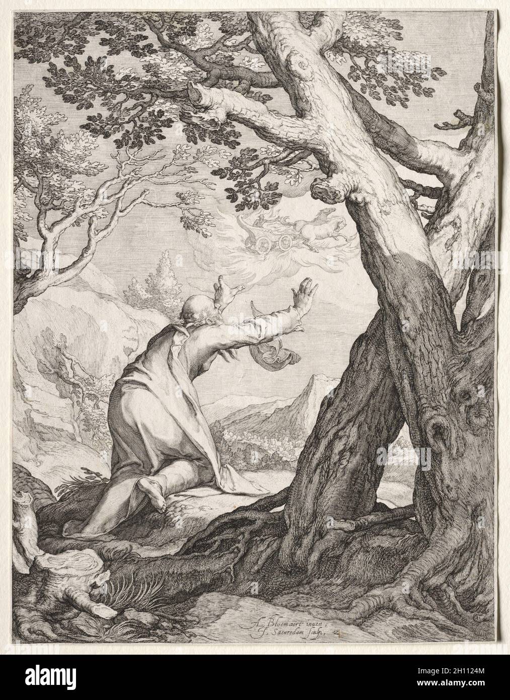 Des scènes du prophète Élie et Élisée : Elijah's char de feu, 1604. Jan Saenredam (Néerlandais, 1565-1607), Jan Saenredam (Néerlandais, 1565-1607), d'après Abraham Bloemaert (Néerlandais, 1564-1651). Fiche technique : 25,5 x 19,5 cm (7 1/16 x 10 11/16 in.). Banque D'Images