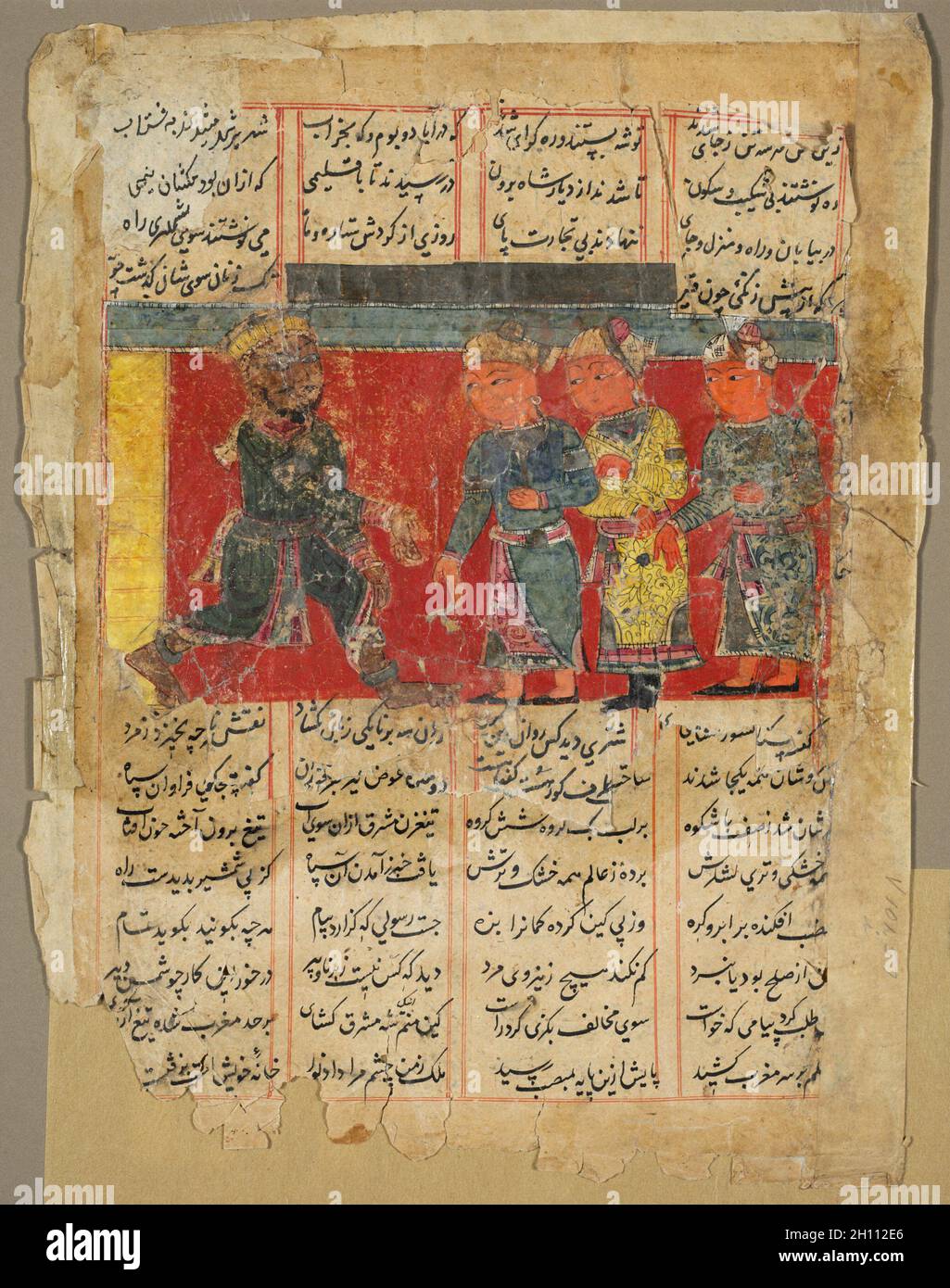 Un roi d'Afrique de l'est reçoit trois émissaires, d'un Khamsa d'Amir Khusrau Dihlavi, c.1450. Inde, période de Sultanat.Tempérament de gomme et encre sur papier ; hors tout : 28.6 x 21.6 cm (11 1/4 x 8 1/2 po). Banque D'Images