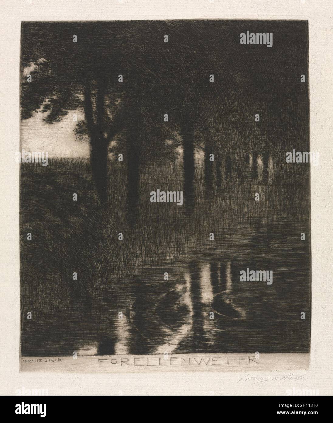 Étang de la truite, 1890-91.Franz von Stuck (allemand, 1863-1928).Gravure; feuille: 51 x 36.5 cm (20 1/16 x 14 3/8 in.); repère plateau: 27.9 x 23.1 cm (11 x 9 1/8 in.). Banque D'Images Étang de la truite, 1890-91.Franz von Stuck (allemand, 1863-1928).Gravure; feuille: 51 x 36.5 cm (20 1/16 x 14 3/8 in.); repère plateau: 27.9 x 23.1 cm (11 x 9 1/8 in.). Banque D'Images