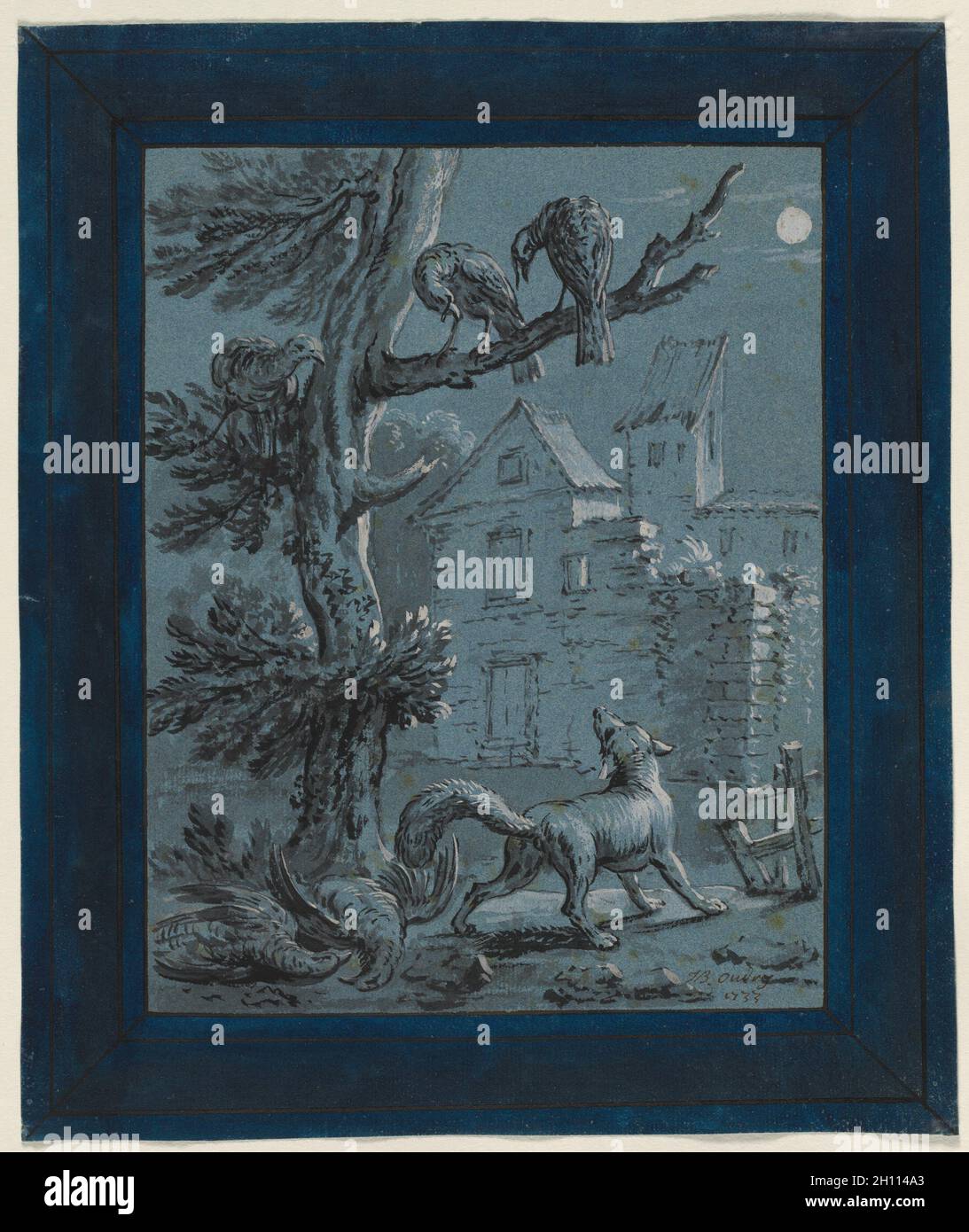 Le renard et les dindes : Illustration pour les Fables de La Fontaine, 1733. Jean-Baptiste Oudry (Français, 1686-1755). Pinceau et encre noire et grise rehaussée de gouache blanche lavage, l'encre bleue dans la marge ; ossature lignes dans l'encre brune ; feuille : 31 x 26 cm (12 3/16 x 10 1/4 in.) ; Image : 24 x 18,8 cm (9 7/16 x 7 3/8 in.). Banque D'Images