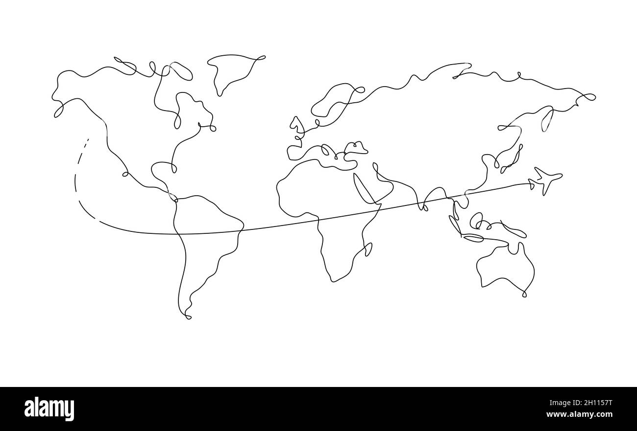 World map Pen line plane Travel dessin sur fond blanc Illustration de Vecteur