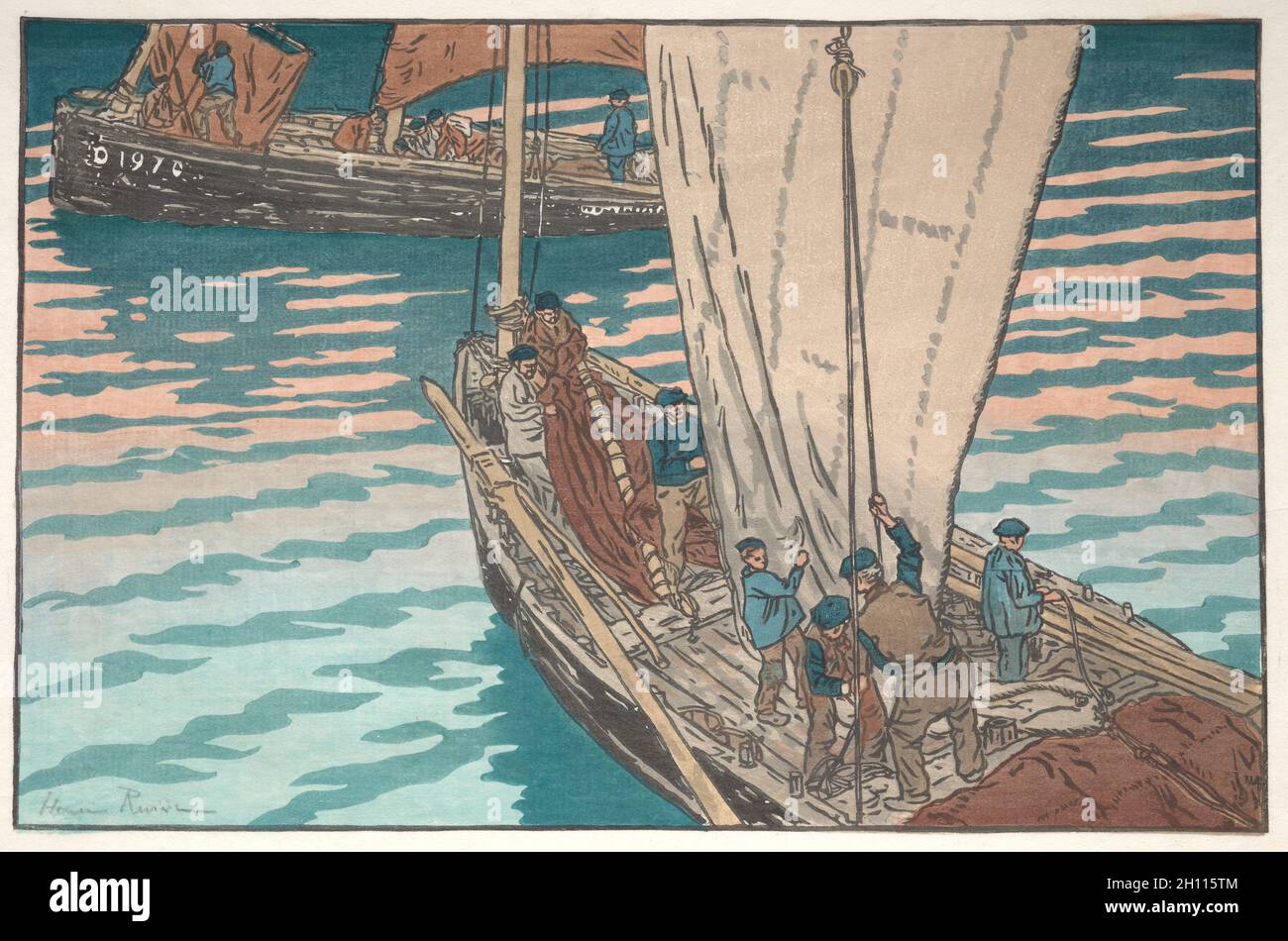 Pêcheurs de sardine au départ de Tréboul, des paysages bretons, 1893.Henri Rivière (français, 1864-1951).Feuille de bois de couleur imprimée à partir de 12 blocs; feuille: 35 x 52.2 cm (13 3/4 x 20 9/16 po.); image: 23 x 35.1 cm (9 1/16 x 13 13/16 po.). Banque D'Images