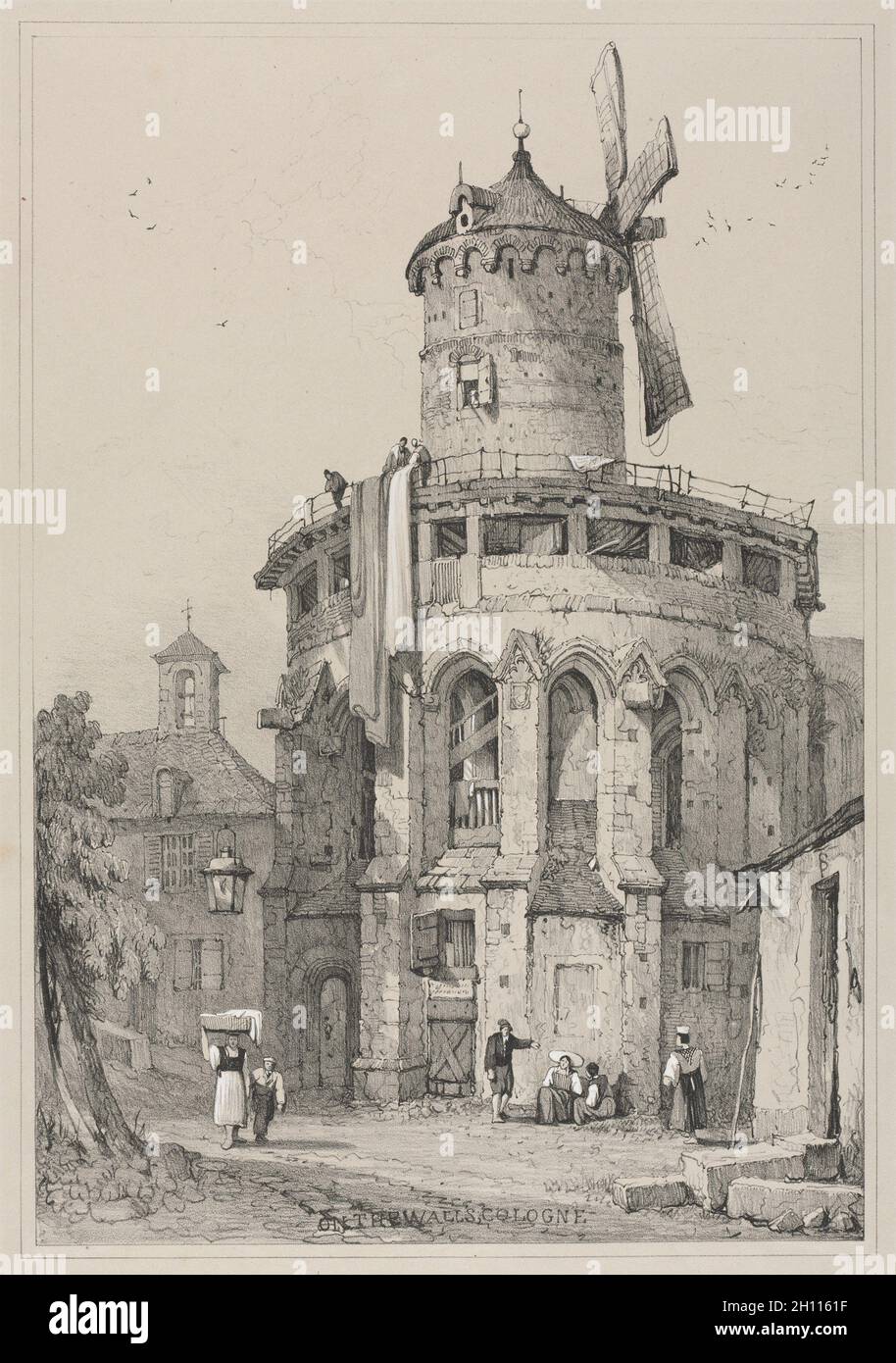 Facsimiles d'esquisses réalisées en Flandre et en Allemagne : sur les murs, Cologne, 1833.Samuel Prout (britannique, 1783-1852), Charles Joseph Hullmandel.Lithographie, couleur main avec gouache blanc sur papier gris; feuille: 54.9 x 37 cm (21 5/8 x 14 9/16 po.); image: 40.7 x 28.2 cm (16 x 11 1/8 po.). Banque D'Images