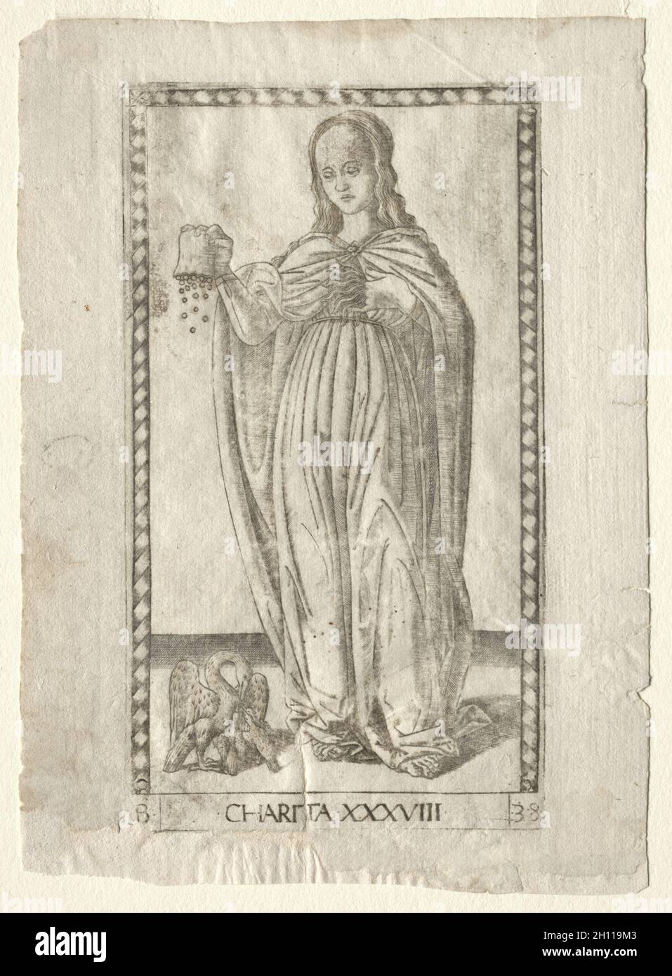 Charité (de la Tarocchi, série B: Cosmic Principles & vertus, #38), avant 1467.Maître de la série E Tarocchi (italien, XVe siècle).Gravure ; Banque D'Images