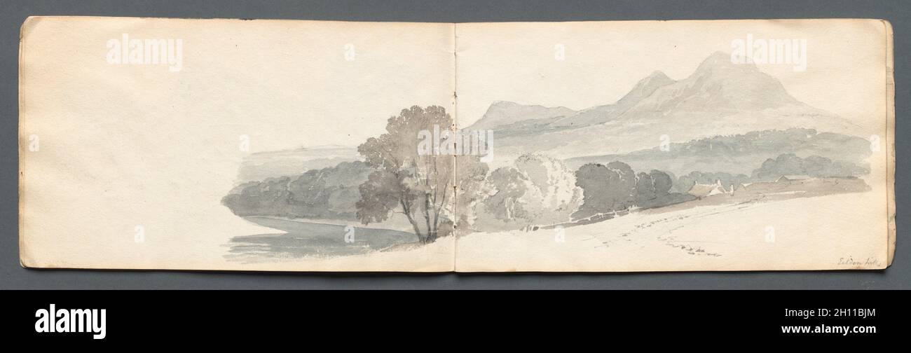 Sketchbook : Eildon Hills, 1814. Samuel Prout (britannique, 1783-1852). Avec Graphite gris et lavis sur deux pages, chaque page : 13,5 x 23,4 cm (5 5/16 x 9 3/16 in.). Banque D'Images