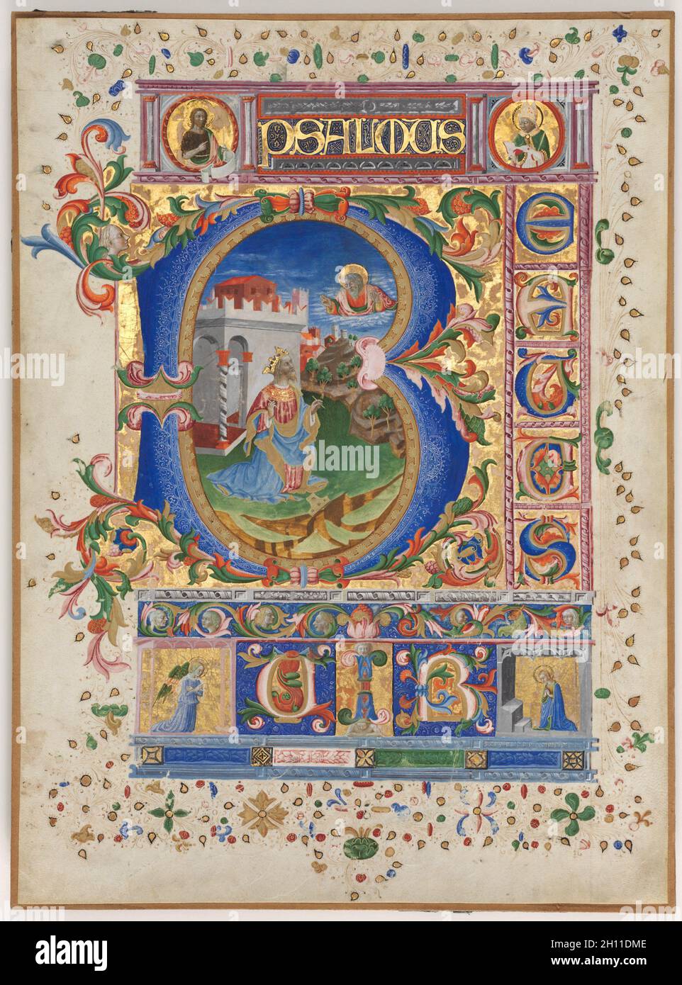 Feuille d'un Psautier avec initiale historiée (B) : Le roi David), ch. 1450. Italie, Florence, xve siècle. Encre, tempera et or sur parchemin ; feuille : 45,7 x 34,3 cm (18 x 13 1/2 in.). Banque D'Images