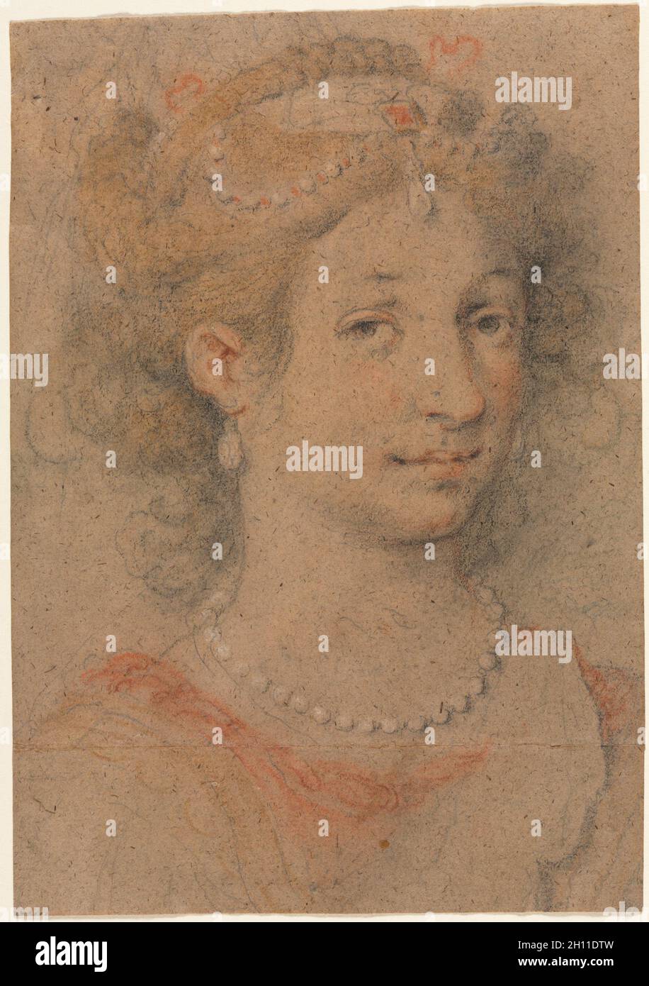 Tête de femme, 1600. Anonyme. Craie noire et rouge sur mine, rehaussée de craie blanche (avec des ajouts ? En jaune et orange bleu clair ?) ; feuille : 23 x 16 cm (9 1/16 x 6 5/16 in.). Banque D'Images