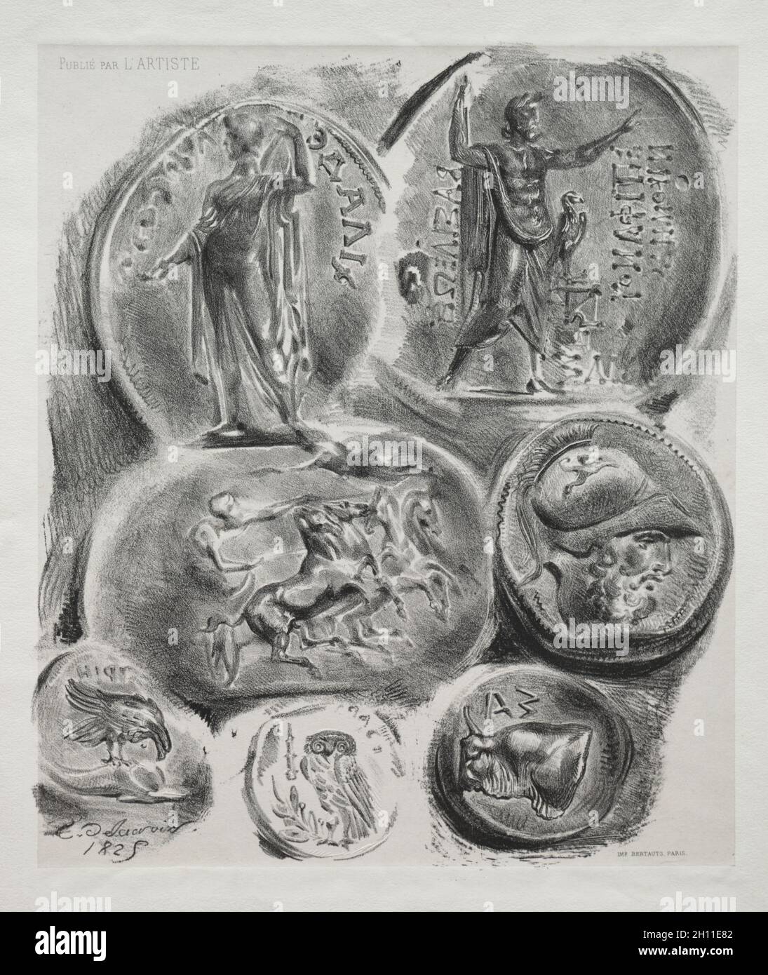 Feuille avec sept médailles anciennes, 1825.Eugène Delacroix (français, 1798-1863), l'artiste.Lithographie avec colé de chine; feuille: 36 x 27.5 cm (14 3/16 x 10 13/16 po.); image: 26.8 x 23 cm (10 9/16 x 9 1/16 po.). Banque D'Images