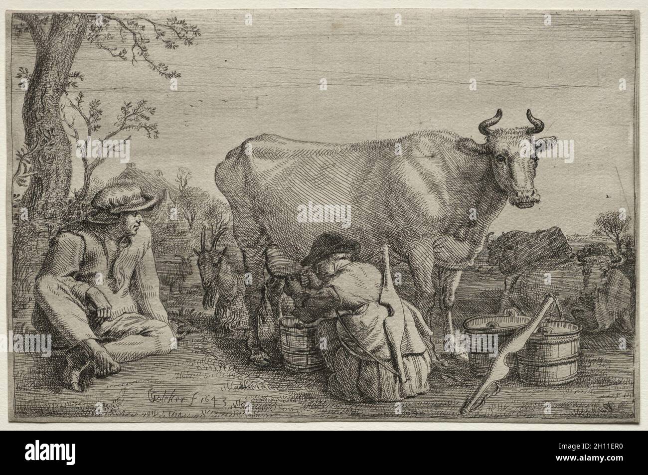 La Milkmaid, 1643.Gerrit Claesz.Bleker (néerlandais, 1656).Gravure au teint de surface; feuille : 15.7 x 24.1 cm (6 3/16 x 9 1/2 po.). Banque D'Images