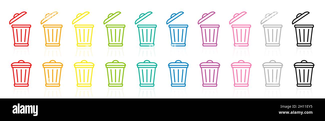 Logo de poubelle, poubelles, symboles de poubelle colorés, pictogramme de poubelle de couleur arc-en-ciel, avec couvercle ouvert et fermé. Banque D'Images