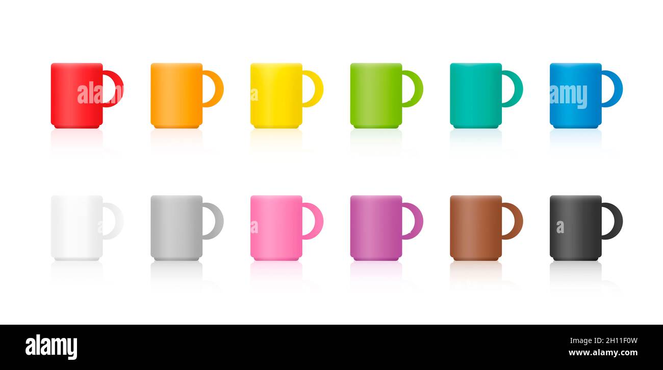 Tasses colorées, ensemble de tasses en porcelaine colorée pour café, chocolat chaud, thé ou lait - illustration sur fond blanc. Banque D'Images