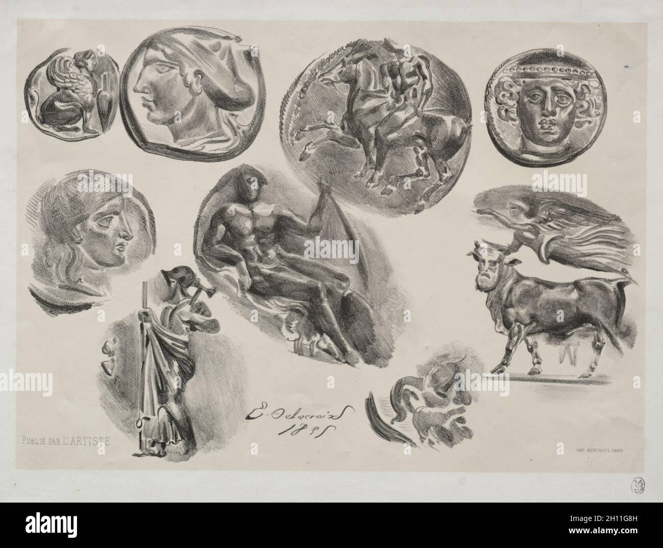 Feuille avec neuf médailles anciennes, 1825.Eugène Delacroix (français, 1798-1863), l'artiste.Lithographie aux teintes beige; feuille: 26.8 x 36.2 cm (10 9/16 x 14 1/4 po.); image: 22.2 x 31 cm (8 3/4 x 12 3/16 po.). Banque D'Images