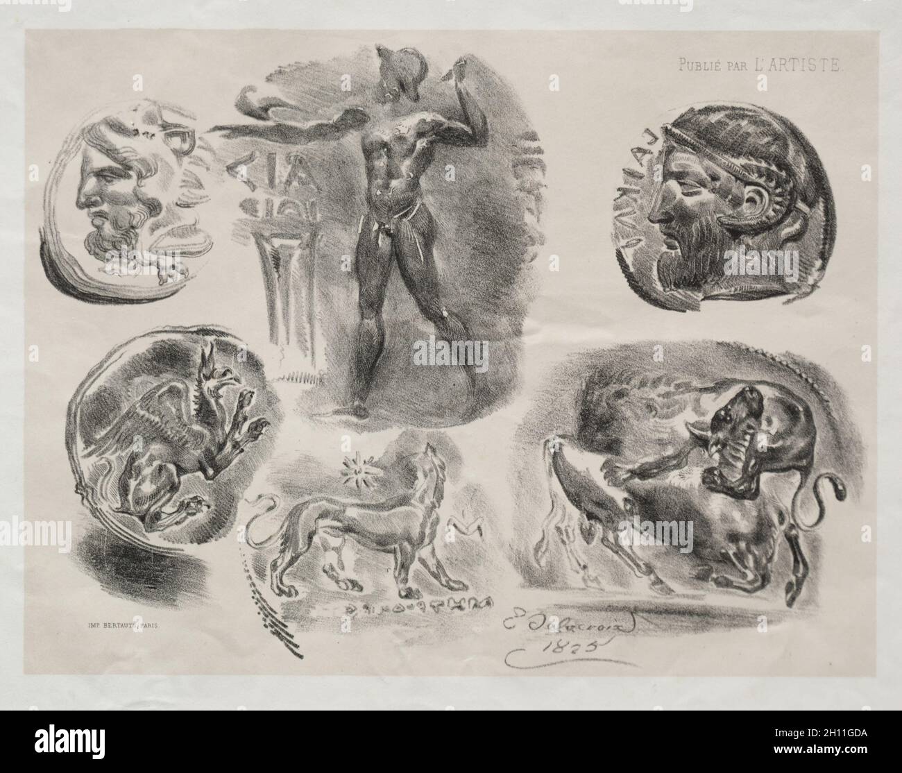 Feuille avec six médailles anciennes, 1825.Eugène Delacroix (français, 1798-1863), Bertauts.Lithographie aux teintes beige; feuille: 27.5 x 36 cm (10 13/16 x 14 3/16 po.); image: 20 x 25.8 cm (7 7/8 x 10 3/16 po.). Banque D'Images