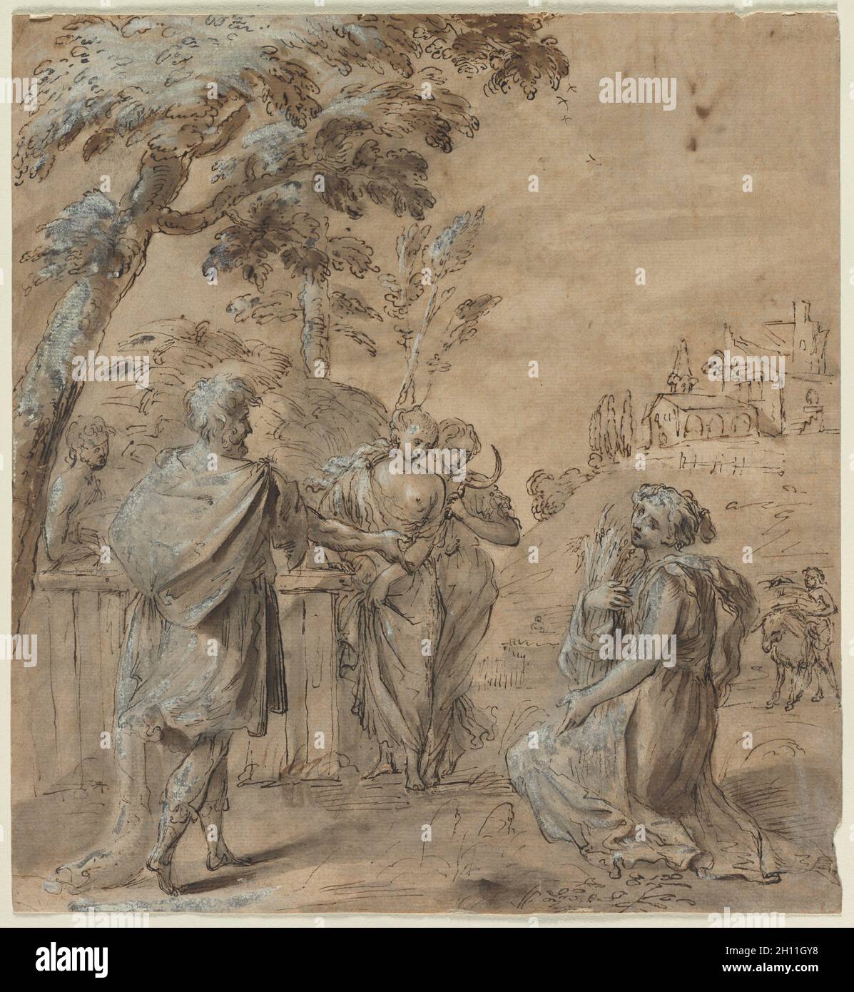 Ruth et Boaz (recto), 1600s.Italie, XVIIe siècle.Stylo et encre brune, pinceau et savon brun sur craie noire, rehaussé de blanc plomb; feuille: 30.2 x 27.7 cm (11 7/8 x 10 7/8 po). Banque D'Images