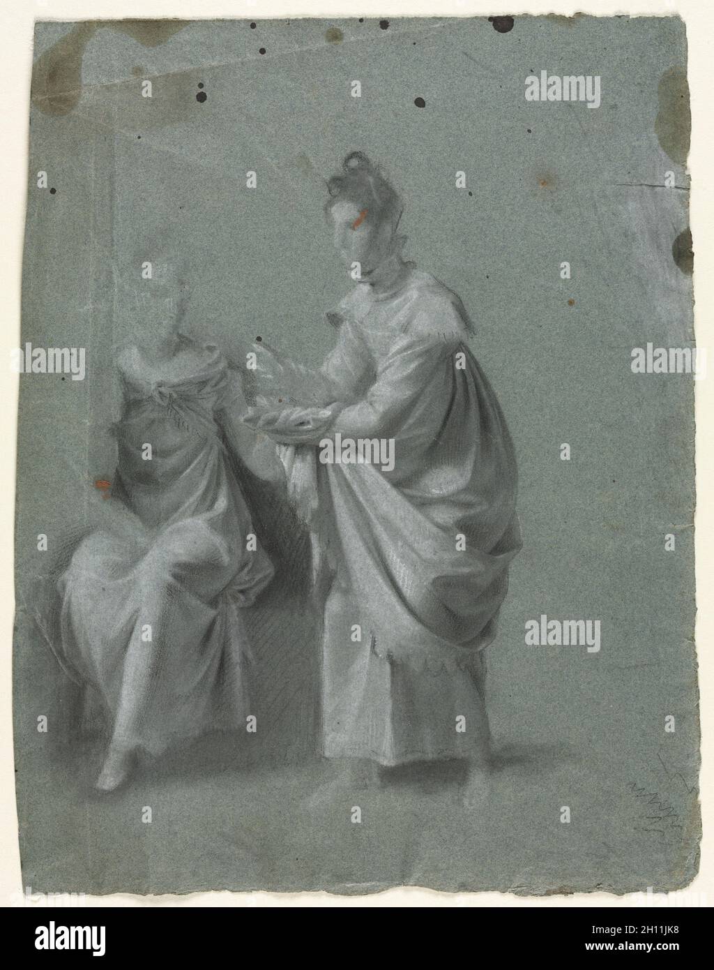 Deux femmes, des années 1800. Anonyme, cercle de Pierre-Paul Prud'hon (Français, 1758-1823). Craie noire rehaussée de craie blanche, avec deux taches de dessouchage (avec de l'encre noire et peinture marron, sans rapport avec la composition) ; feuille : 29,8 x 23,4 cm (11 3/4 x 9 3/16 in.). Banque D'Images