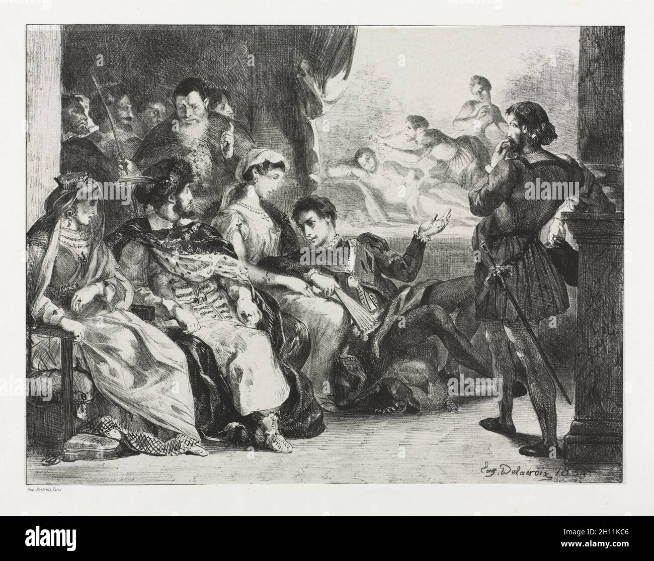Hameau: Hameau commande aux acteurs de faire une scène de l'empoisonnement de son Père, 1834.Eugène Delacroix (français, 1798-1863).Lithographie; Banque D'Images