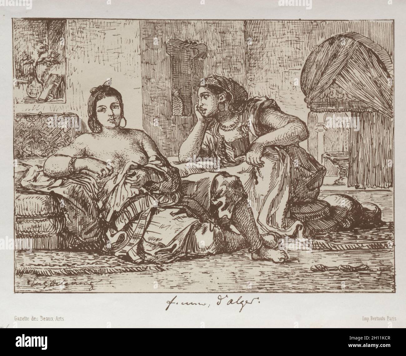 Imprimé dans la Gazette des Beaux-Arts : femmes d'Alger, 1833.Eugène Delacroix (français, 1798-1863), Bertauts.Lithographie imprimée en marron sur une pierre beige; feuille: 19.8 x 27.8 cm (7 13/16 x 10 15/16 po.); image: 16 x 22.1 cm (6 5/16 x 8 11/16 po.). Banque D'Images
