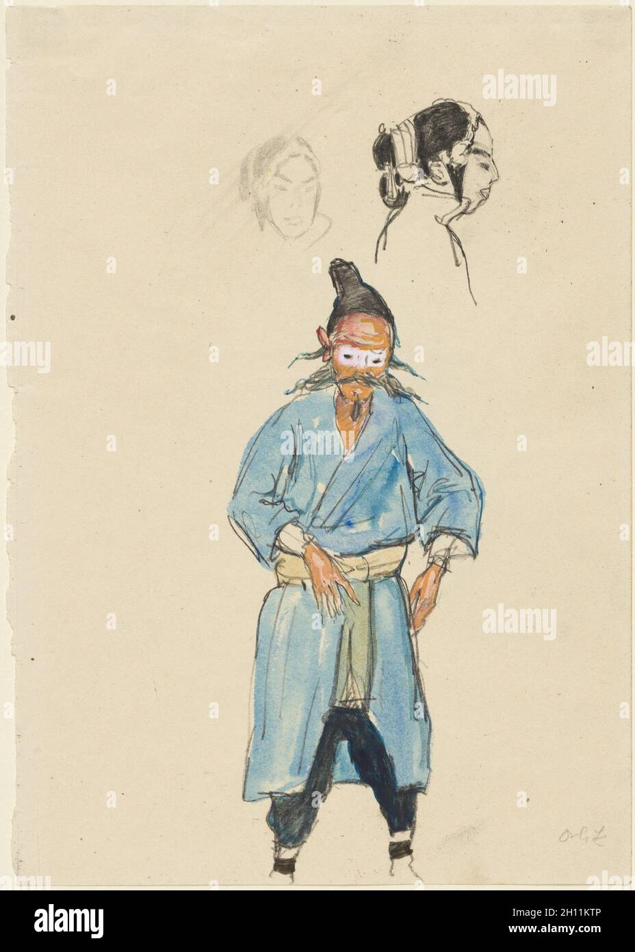 Acteur chinois et deux esquisses de la tête d'une femme, 1912.Emil Orlik (tchèque, 1870-1932).Crayon noir et aquarelle, avec gouache (figure principale); crayon noir (partiellement effacé, tête gauche); crayon noir (tête droite); feuille : 26.7 x 18.7 cm (10 1/2 x 7 3/8 po). Banque D'Images